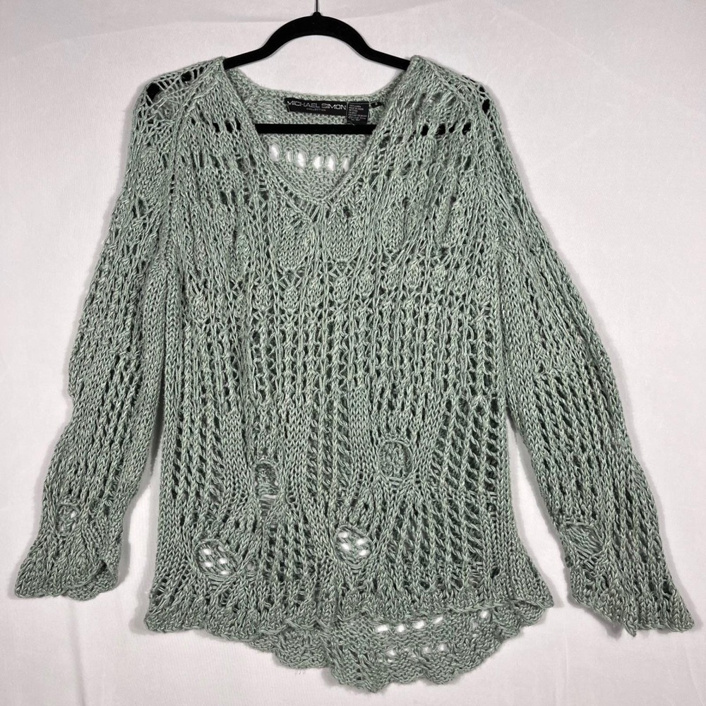 Vtg 90s Y2K Michael Simon 100% Linen Open Knit Crochet Sweater 2 Green Fisherman